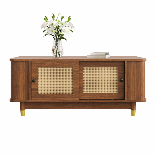 Mesa de centro - portas de correr em rattan, cantos arredondados, espaço de arrumação, MDF com efeito de madeira, design moderno - Nogueira