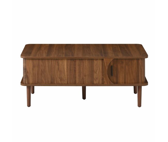 Mesa de centro elevable - estilo moderno retro, tablero regulable en altura, puerta corredera, acabado efecto nogal, ranuras verticales, patas de