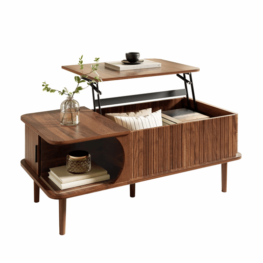 Mesa de centro com altura ajustável - estilo retro moderno, tampo com altura regulável, porta de correr, acabamento em efeito nogueira, ranhuras verticais, pés de madeira, multifuncional - Nogueira Mesa de centro com altura ajustável - estilo retro moderno, tampo com altura regulável, porta de correr, acabamento em efeito nogueira, ranhuras verticais, pés de madeira, multifuncional - Nogueira
