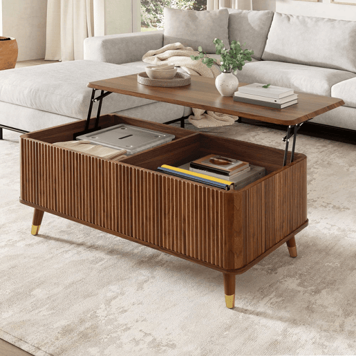 Mesa de centro elevável - estilo retro moderno, tampo elevável, estrutura ondulada, grande capacidade de arrumação, pés em madeira, multifuncional - Nogueira