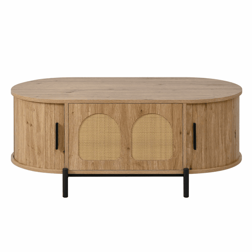 Mesa de centro oval - com espaço de arrumação, portas de correr, acabamento em imitação de madeira, pés de metal, estilo rattan, multifuncional - Natural