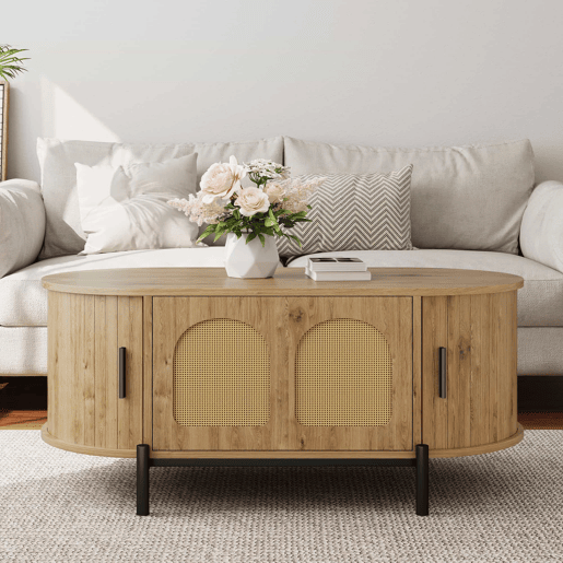 Mesa de centro oval - com espaço de arrumação, portas de correr, acabamento em imitação de madeira, pés de metal, estilo rattan, multifuncional - Natural