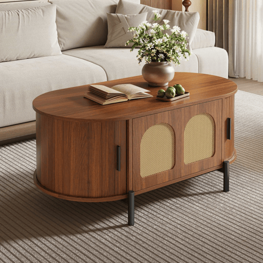Mesa de centro oval 100 x 50 cm - portas de correr, acabamento com efeito de madeira, detalhes em rattan, pés metálicos, multifuncional com espaço de arrumação - nogueira