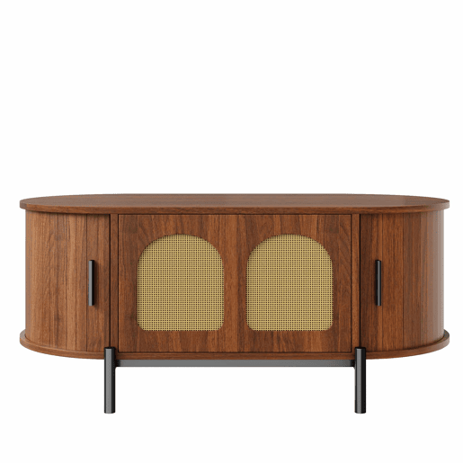 Mesa de centro oval 100 x 50 cm - portas de correr, acabamento com efeito de madeira, detalhes em rattan, pés metálicos, multifuncional com espaço de arrumação - nogueira