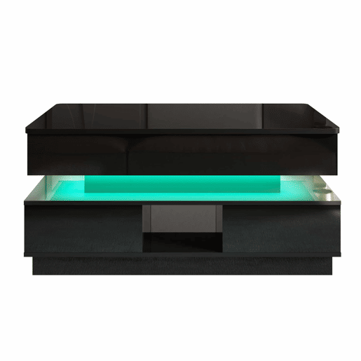 Mesa de centro elevável - acabamento brilhante, altura ajustável, tampo elevável, espaço de arrumação, iluminação LED, tomada integrada, gavetas - Preto