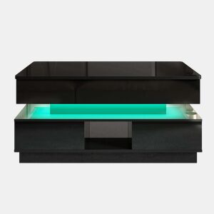 Mesa de centro elevável - acabamento brilhante, altura ajustável, tampo elevável, espaço de arrumação, iluminação LED, tomada integrada, gavetas - Preto