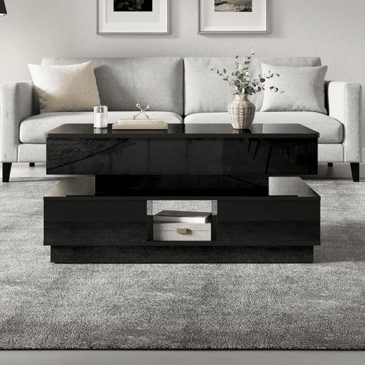 Mesa de centro elevável - acabamento brilhante, altura ajustável, tampo elevável, espaço de arrumação, iluminação LED, tomada integrada, gavetas - Preto