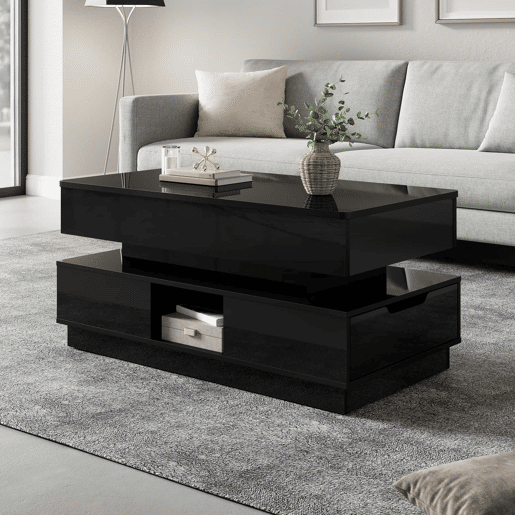 Mesa de centro elevável - acabamento brilhante, altura ajustável, tampo elevável, espaço de arrumação, iluminação LED, tomada integrada, gavetas - Preto