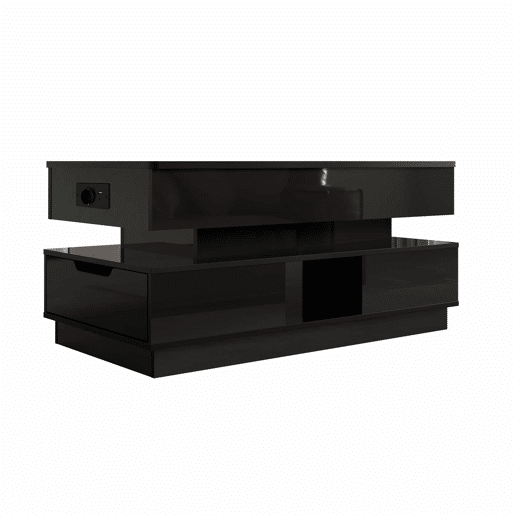 Mesa de centro elevável - acabamento brilhante, altura ajustável, tampo elevável, espaço de arrumação, iluminação LED, tomada integrada, gavetas - Preto
