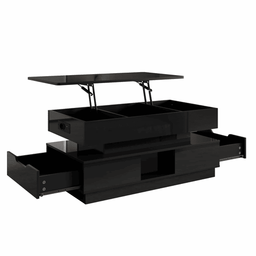 Mesa de centro elevável - acabamento brilhante, altura ajustável, tampo elevável, espaço de arrumação, iluminação LED, tomada integrada, gavetas - Preto