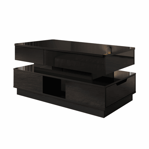 Mesa de centro elevável - acabamento brilhante, altura ajustável, tampo elevável, espaço de arrumação, iluminação LED, tomada integrada, gavetas - Preto