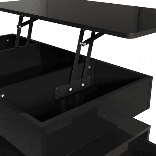 Mesa de centro elevável - acabamento brilhante, altura ajustável, tampo elevável, espaço de arrumação, iluminação LED, tomada integrada, gavetas - Preto