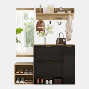 Conjunto de mobiliário para a entrada, 4 peças, 139,5 x 35 x 166 cm u2013 sapateira, banco com assento, cabideiro de parede e espelho u2013 cor natural e preta