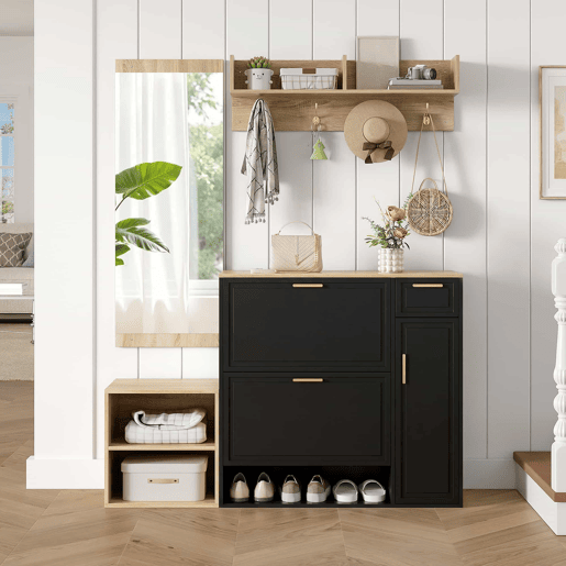 Conjunto de mobiliário para a entrada, 4 peças, 139,5 x 35 x 166 cm u2013 sapateira, banco com assento, cabideiro de parede e espelho u2013 cor natural e preta