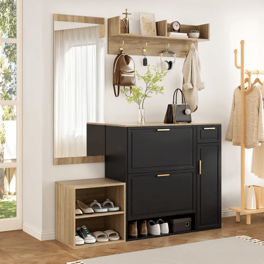 Conjunto de mobiliário para a entrada, 4 peças, 139,5 x 35 x 166 cm u2013 sapateira, banco com assento, cabideiro de parede e espelho u2013 cor natural e preta