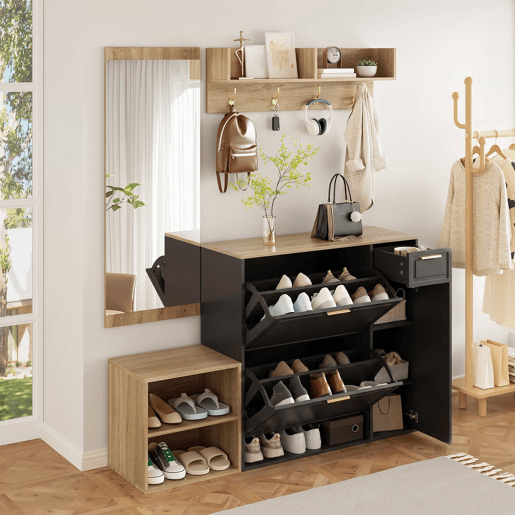 Conjunto de mobiliário para a entrada, 4 peças, 139,5 x 35 x 166 cm u2013 sapateira, banco com assento, cabideiro de parede e espelho u2013 cor natural e preta