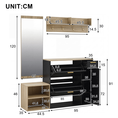 Conjunto de mobiliário para a entrada, 4 peças, 139,5 x 35 x 166 cm u2013 sapateira, banco com assento, cabideiro de parede e espelho u2013 cor natural e preta