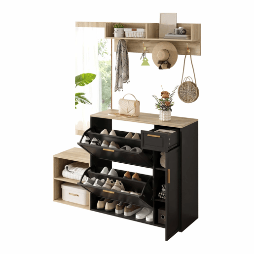 Conjunto de mobiliário para a entrada, 4 peças, 139,5 x 35 x 166 cm u2013 sapateira, banco com assento, cabideiro de parede e espelho u2013 cor natural e preta