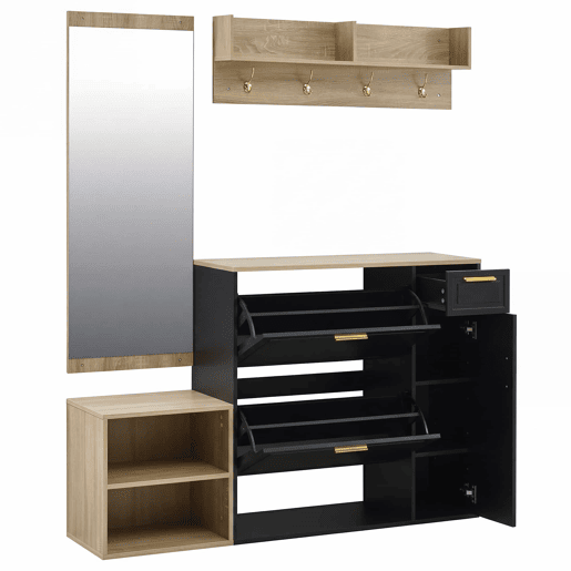 Conjunto de mobiliário para a entrada, 4 peças, 139,5 x 35 x 166 cm u2013 sapateira, banco com assento, cabideiro de parede e espelho u2013 cor natural e preta