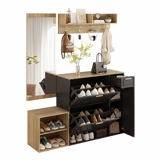 Conjunto de mobiliário para a entrada, 4 peças, 139,5 x 35 x 166 cm u2013 sapateira, banco com assento, cabideiro de parede e espelho u2013 cor natural e preta