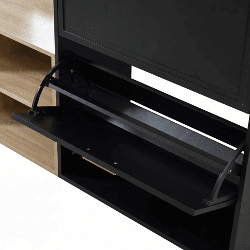 Conjunto de mobiliário para a entrada, 4 peças, 139,5 x 35 x 166 cm u2013 sapateira, banco com assento, cabideiro de parede e espelho u2013 cor natural e preta