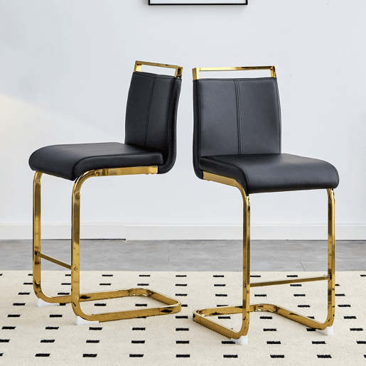 Bancos de bar 2 unidades - Estilo nórdico, couro sintético, pernas metálicas - Preto+Dourado