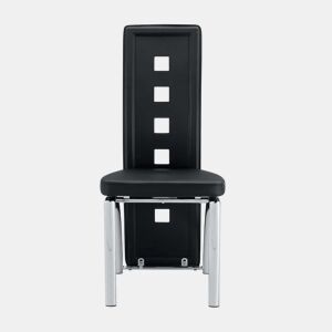 Cadeiras de sala de jantar 2 peças - design europeu com padrão perfurado, PU preto + pernas metálicas prateadas - Preto+Prata