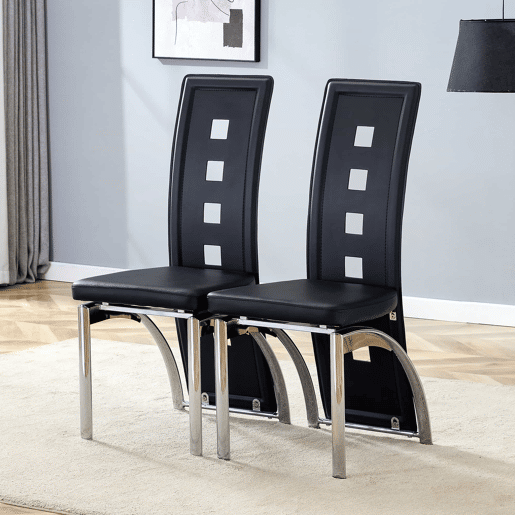 Cadeiras de sala de jantar 2 peças - design europeu com padrão perfurado, PU preto + pernas metálicas prateadas - Preto+Prata