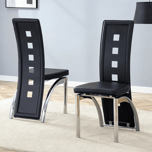 Cadeiras de sala de jantar 2 peças - design europeu com padrão perfurado, PU preto + pernas metálicas prateadas - Preto+Prata