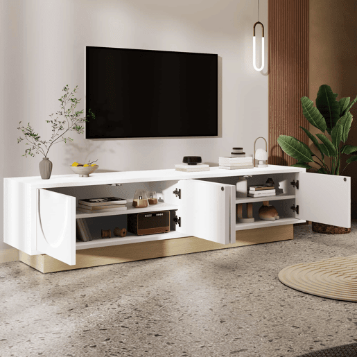 Móvel de TV moderno de 175 cm - design minimalista curvo, veios de madeira, amplo espaço de arrumação e organização de cabos - branco