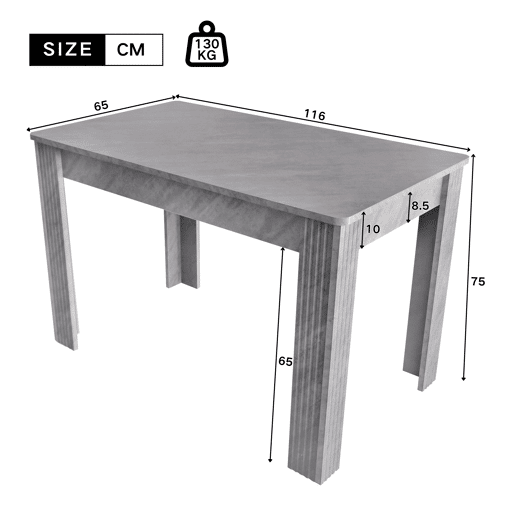 Mesa de jantar 116 x 65 x 75 cm - Robusta, moderna, com quatro pés, formato retangular e efeito cimento - Cinza