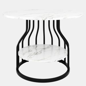 Mesa redonda 80x80 cm - Mesa de jantar com arrumação - MDF mármore, pernas pretas