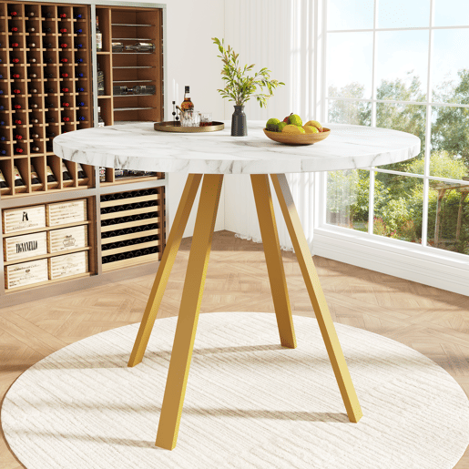Mesa redonda 80x80 cm - Mesa de cozinha, mesa de centro para 4 pessoas, pernas de metal, design em mármore branco e pernas douradas