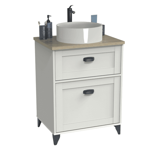 Móvel de casa de banho para lavatórios de 60 cm, Toscana Branco Mate e Carvalho Cambriano, com 1 porta e 1 gaveta (lavatório não incluído).