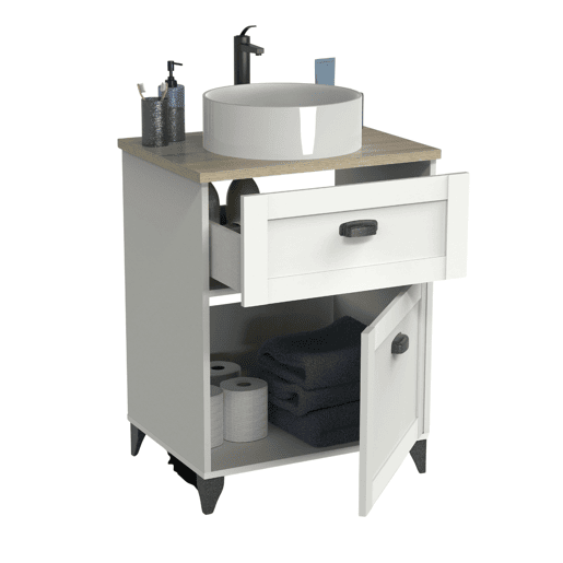 Móvel de casa de banho para lavatórios de 60 cm, Toscana Branco Mate e Carvalho Cambriano, com 1 porta e 1 gaveta (lavatório não incluído).