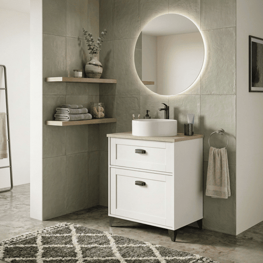 Móvel de casa de banho para lavatórios de 60 cm, Toscana Branco Mate e Carvalho Cambriano, com 1 porta e 1 gaveta (lavatório não incluído).