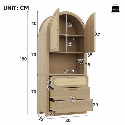Aparador 80 x 35 x 180 cm - Com LED regulável, portas em rattan, 1 prateleira de exposição, 2 prateleiras de arrumação, 3 gavetas - Cor carvalho claro