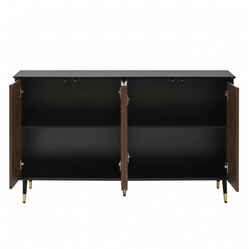 Aparador moderno em padrão espiga - 4 portas, prateleiras ajustáveis, MDF com pés de metal, grande capacidade de arrumação para a sala de estar, corredor e sala de jantar - Preto e Castanho