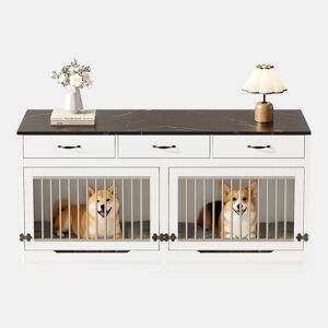Gaiola para cães em madeira e metal 164×60×81 cm - para 2 cães, casinha interior, tampa rebatível, divisória removível, 3 gavetas, XXL - Branco e Preto