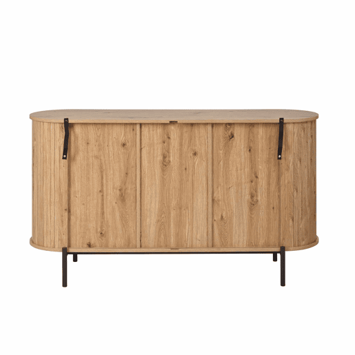 Aparador oval - com rattan, portas de correr, gavetas e prateleiras ajustáveis, acabamento em imitação de madeira, pés metálicos, armário de arrumação multifuncional - Natural