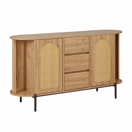 Aparador oval - com rattan, portas de correr, gavetas e prateleiras ajustáveis, acabamento em imitação de madeira, pés metálicos, armário de arrumação multifuncional - Natural
