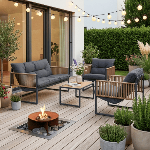 Conjunto de mobiliário de jardim Karg mesa + sofá + poltronas Cinzento escuro Rotim casa.pro Conjunto de mobiliário de jardim Karg mesa + sofá + poltronas Cinzento escuro Rotim casa.pro