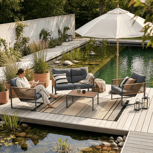 Conjunto de mobiliário de jardim Karg mesa + sofá + poltronas Cinzento escuro Rotim casa.pro Conjunto de mobiliário de jardim Karg mesa + sofá + poltronas Cinzento escuro Rotim casa.pro