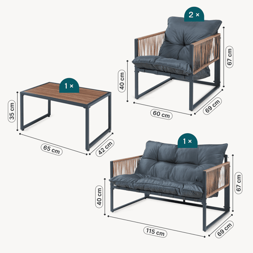 Conjunto de mobiliário de jardim Karg mesa + sofá + poltronas Cinzento escuro Rotim casa.pro Conjunto de mobiliário de jardim Karg mesa + sofá + poltronas Cinzento escuro Rotim casa.pro