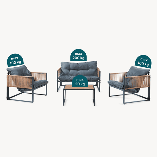 Conjunto de mobiliário de jardim Karg mesa + sofá + poltronas Cinzento escuro Rotim casa.pro Conjunto de mobiliário de jardim Karg mesa + sofá + poltronas Cinzento escuro Rotim casa.pro