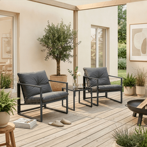 Conjunto de mobiliário de jardim Karg mesa + poltronas Cinzento escuro casa.pro Conjunto de mobiliário de jardim Karg mesa + poltronas Cinzento escuro casa.pro