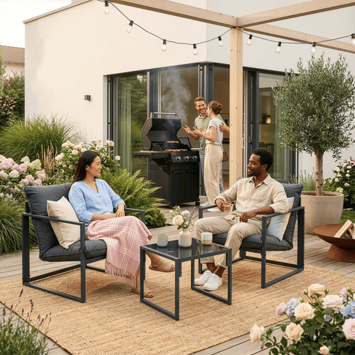 Conjunto de mobiliário de jardim Karg mesa + poltronas Cinzento escuro casa.pro Conjunto de mobiliário de jardim Karg mesa + poltronas Cinzento escuro casa.pro