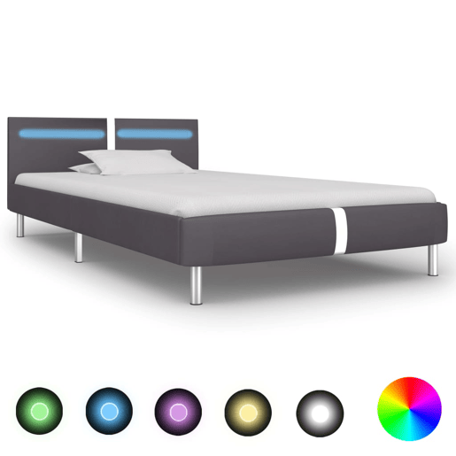 Estrutura de cama de solteiro para adultos c LEDs 90x200 cm couro artificial cinzento