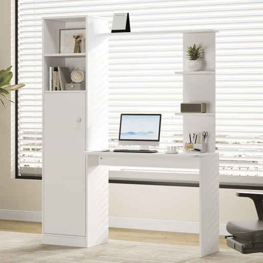 Secretária de estudo e escritório 123,5 x 45 x 168,5 cm - com armário e prateleiras de arrumação, design moderno de escritório - branco
