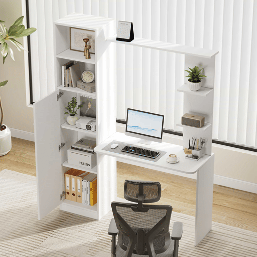 Secretária de estudo e escritório 123,5 x 45 x 168,5 cm - com armário e prateleiras de arrumação, design moderno de escritório - branco